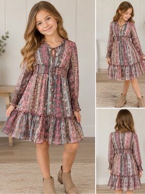 Rare Editions Boho Floral Metallic Tiered Dress Magenta Girls Size 8 NWT